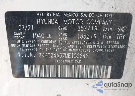 2021 Hyundai Accent Se из США, поврежденный, VIN 3KPC24A67ME152842